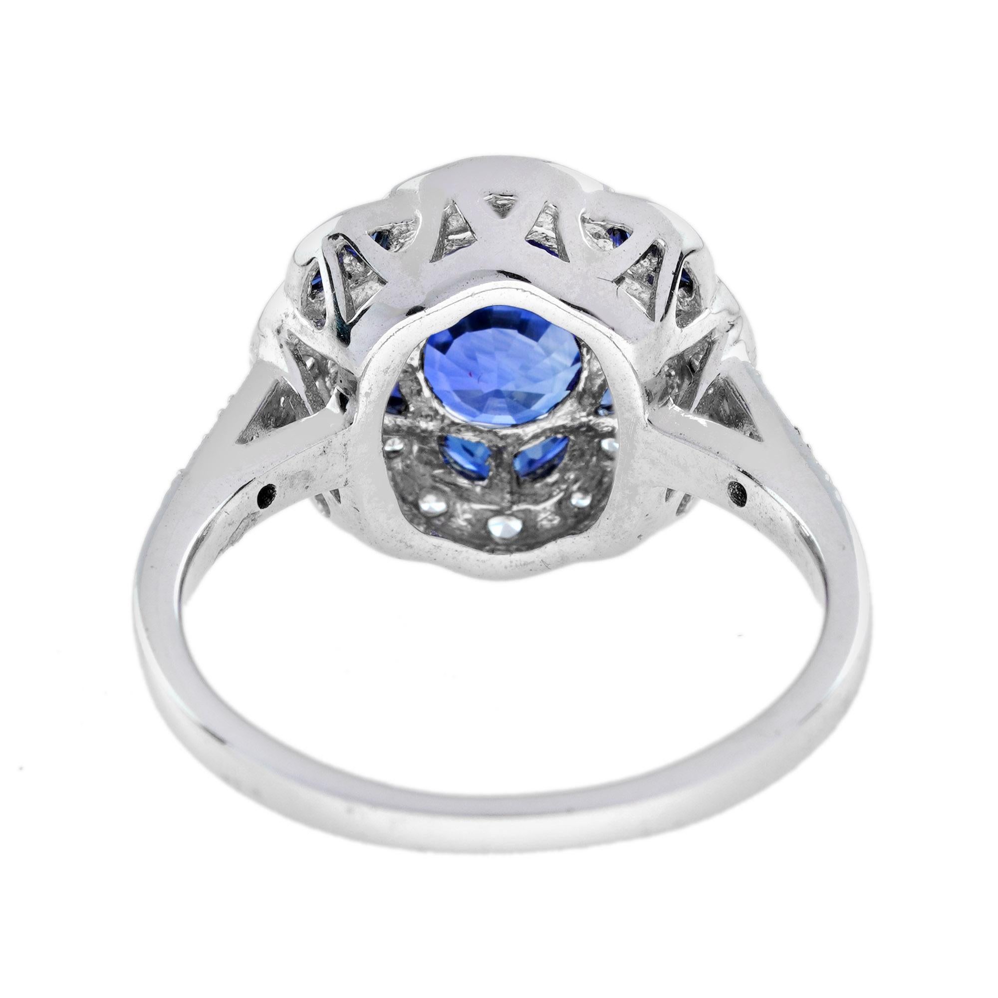 Round Cut Blue Sapphire & Diamond Art Deco Style Floral Flower Clover Halo White Gold Ring For Sale