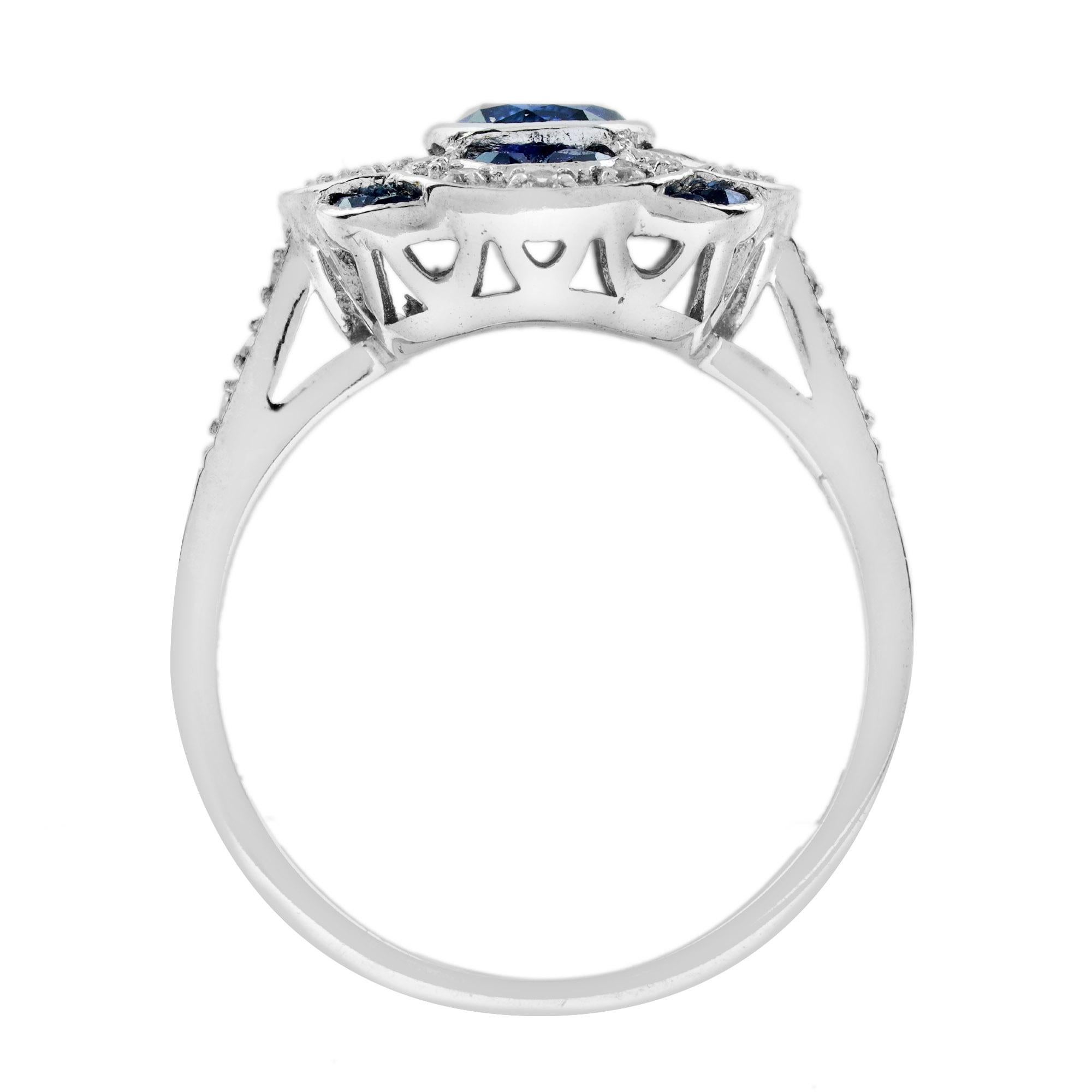Blue Sapphire & Diamond Art Deco Style Floral Flower Clover Halo White Gold Ring In New Condition For Sale In Oakton, VA