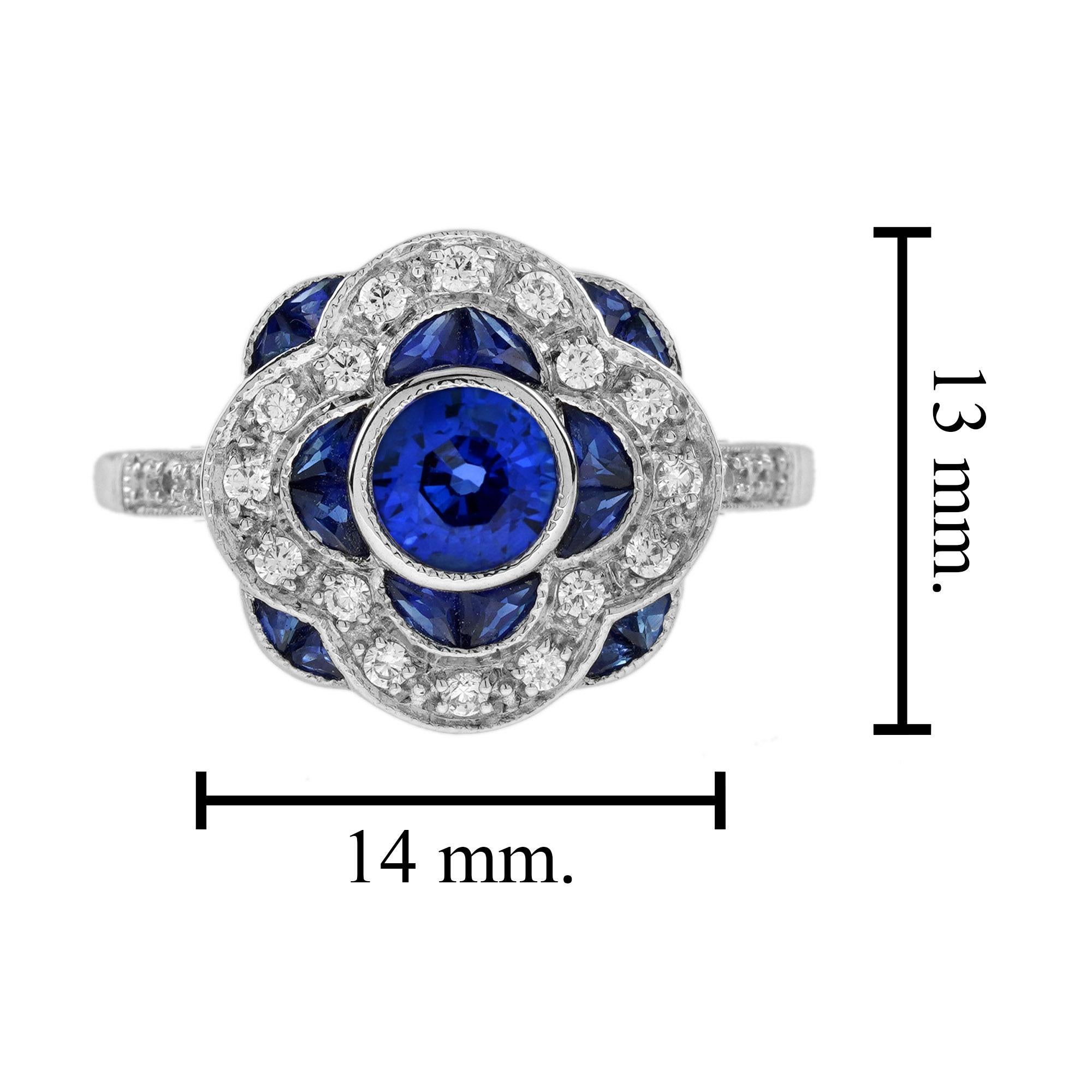 Women's Blue Sapphire & Diamond Art Deco Style Floral Flower Clover Halo White Gold Ring For Sale