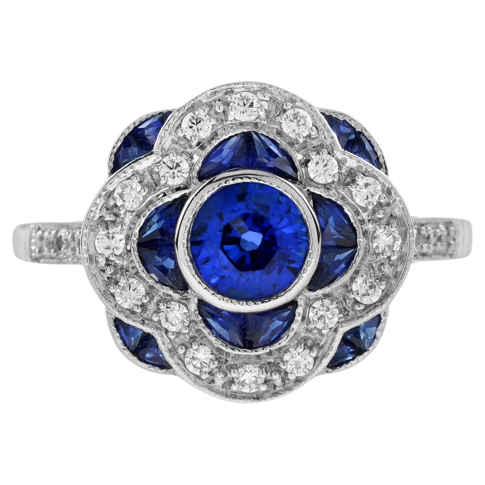 Blue Sapphire & Diamond Art Deco Style Floral Flower Clover Halo White Gold Ring For Sale