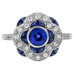 Blue Sapphire & Diamond Art Deco Style Floral Flower Clover Halo White Gold Ring