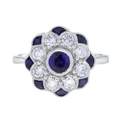 Blauer Saphir & Diamant Art Deco Stil Blume Verlobungsring Weißgold