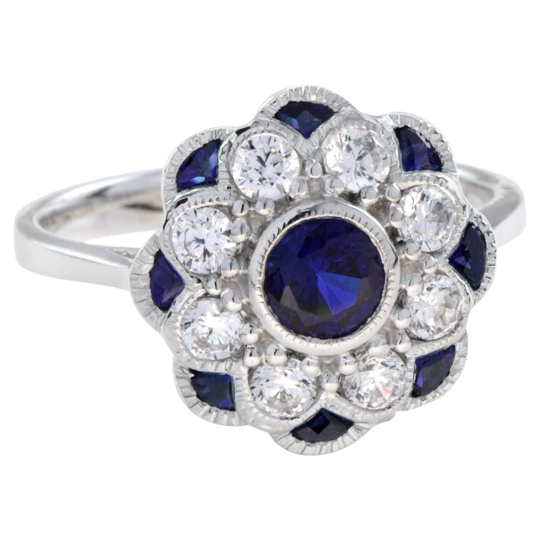 Blue Sapphire & Diamond Art Deco Style Floral Flower Engagement White Gold Ring For Sale