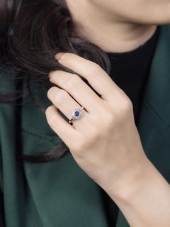 Blue Sapphire Diamond Art Deco Style Halo Engagement Ring in 18K White Gold