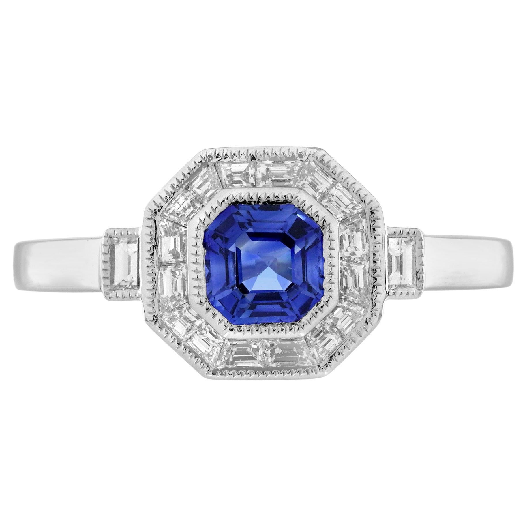 Blue Sapphire Diamond Art Deco Style Halo Engagement Ring in 18K White Gold For Sale