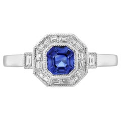 Blue Sapphire Diamond Art Deco Style Halo Engagement Ring in 18K White Gold