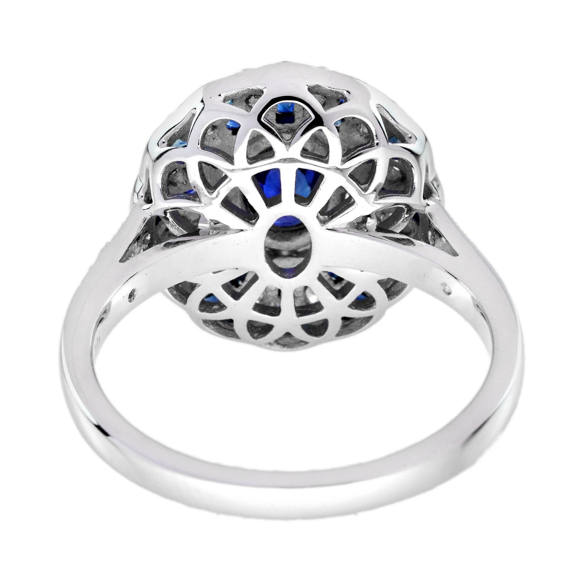 Anello a raggiera con diamante e zaffiro blu in stile Art Déco in oro bianco 14 carati In condizioni Nuovo in vendita a Bangkok, TH