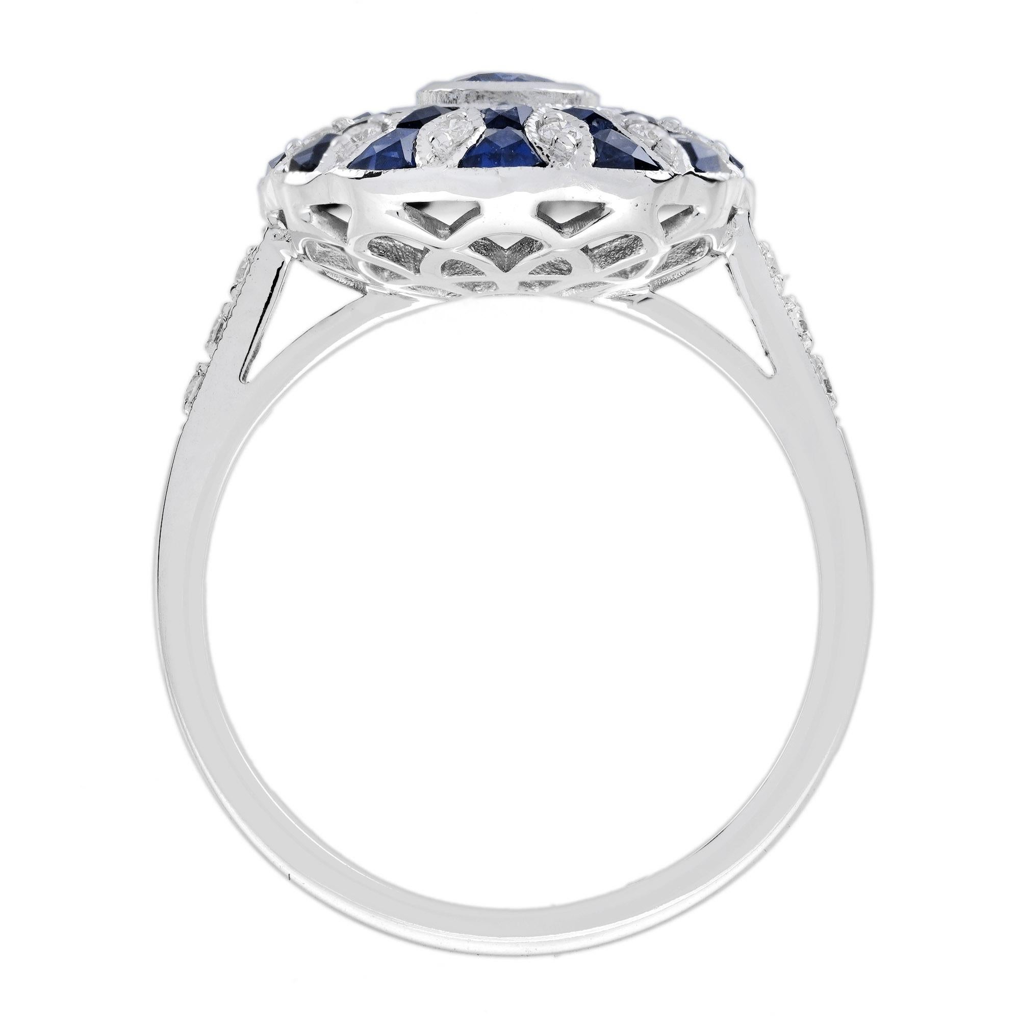 Donna Anello a raggiera con diamante e zaffiro blu in stile Art Déco in oro bianco 14 carati in vendita