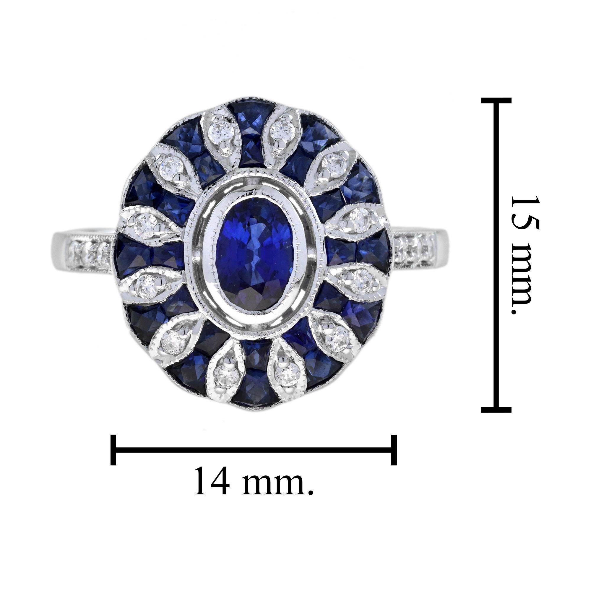 Blue Sapphire Diamond Art Deco Style Halo Ring in 14K White Gold 2