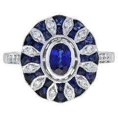 Blue Sapphire Diamond Art Deco Style Halo Ring in 14K White Gold
