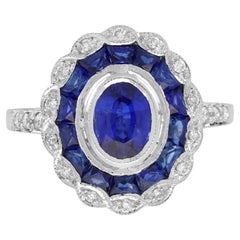 Blue Sapphire Diamond Art Deco Style Halo Ring in 18K White Gold