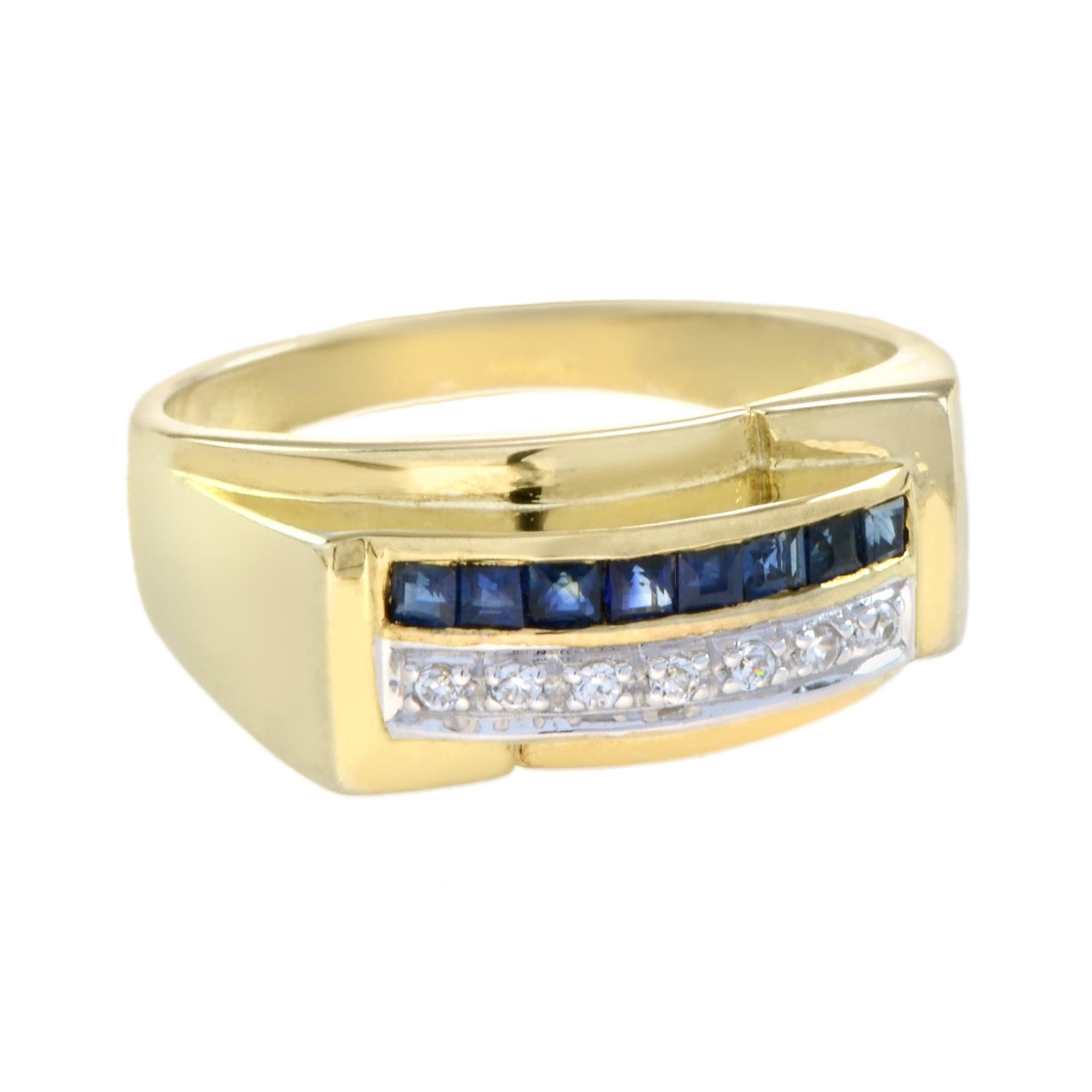 This Art Deco style men's ring features a striking square-cut blue sapphire set at the top, radiating deep, captivating color. Beneath it, a line of diamonds adds sparkle and contrast, enhancing the sapphire's bold presence. The clean lines and