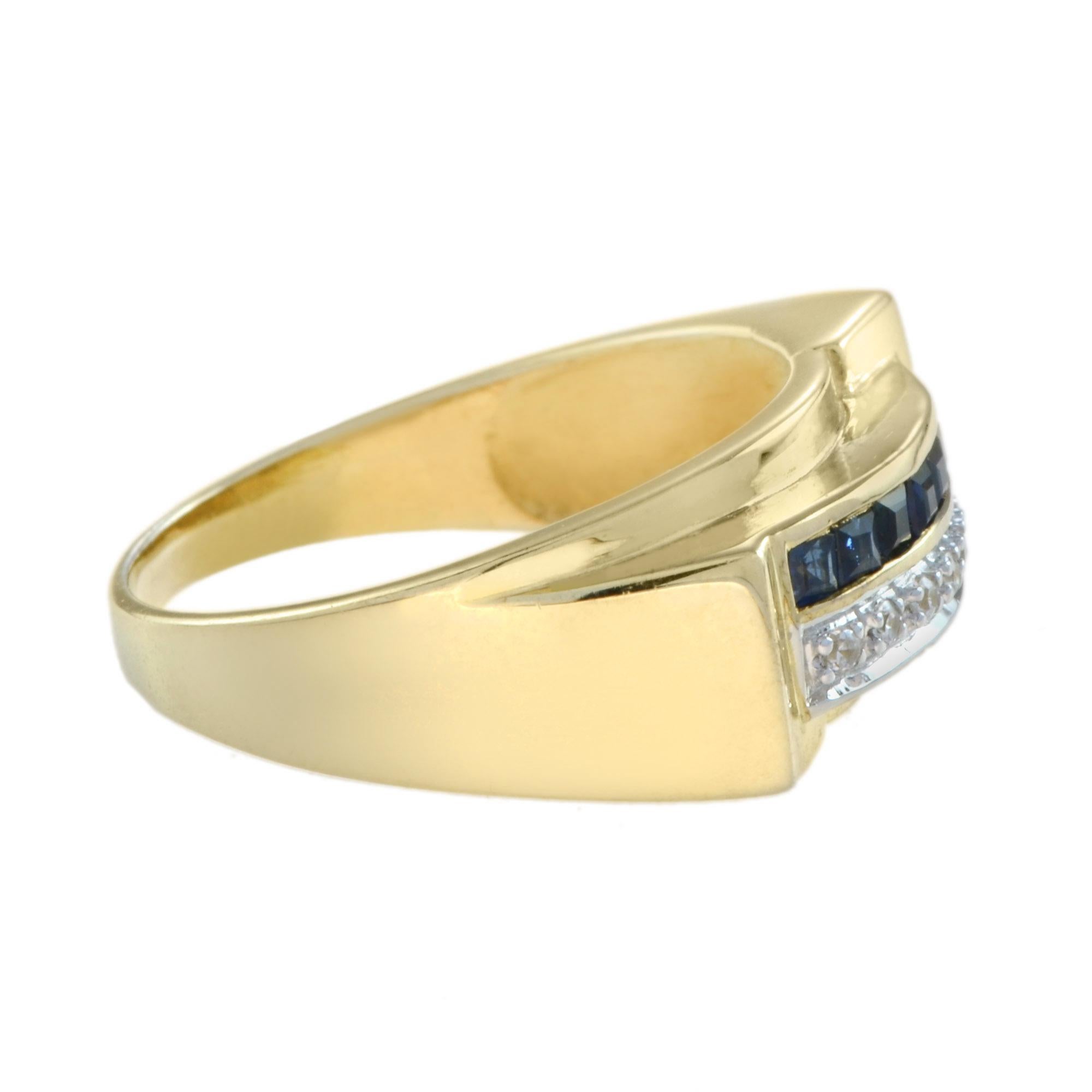 Square Cut Blue Sapphire Diamond Art Deco Style Men Ring in 14K Yellow Gold For Sale