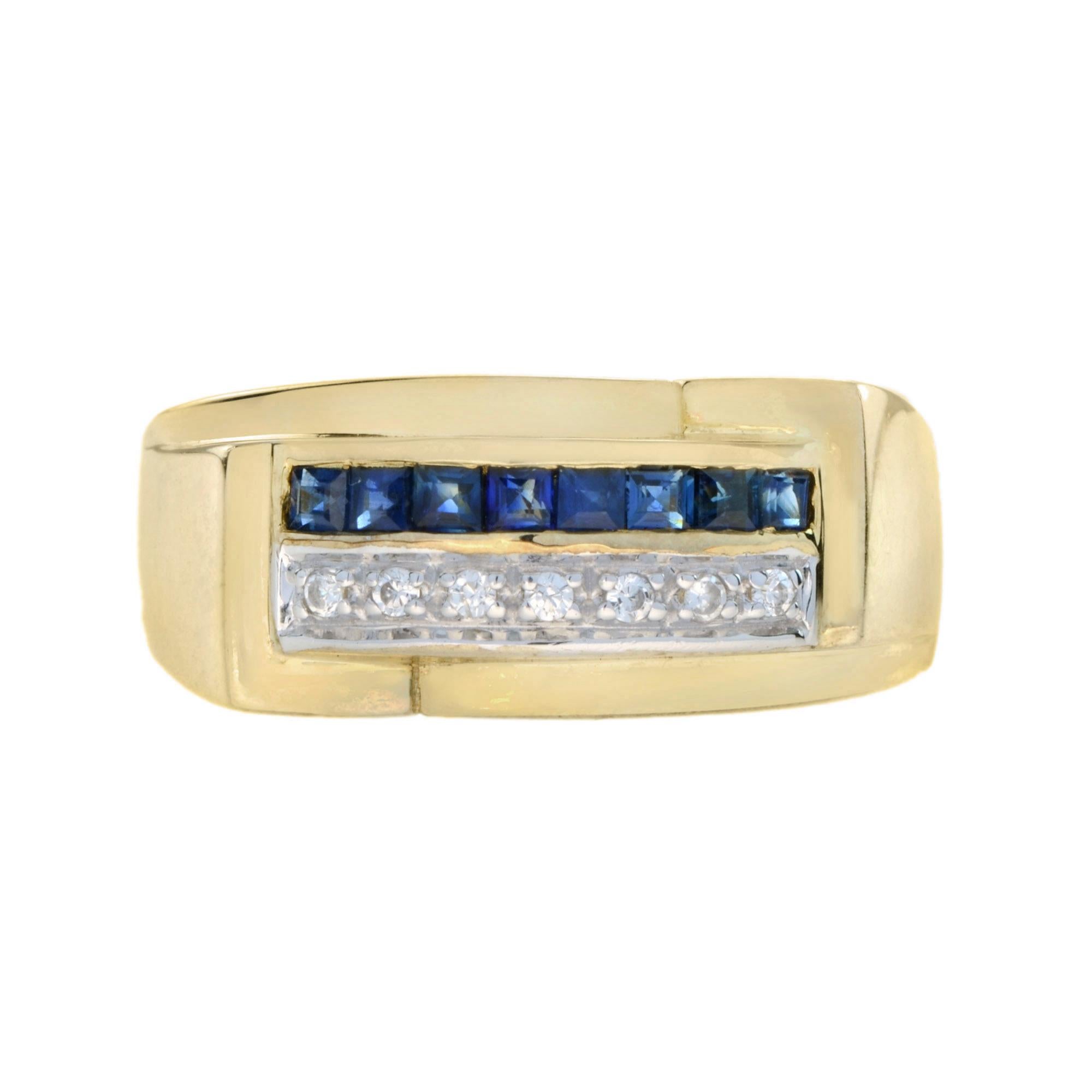 Blue Sapphire Diamond Art Deco Style Men Ring in 14K Yellow Gold For Sale