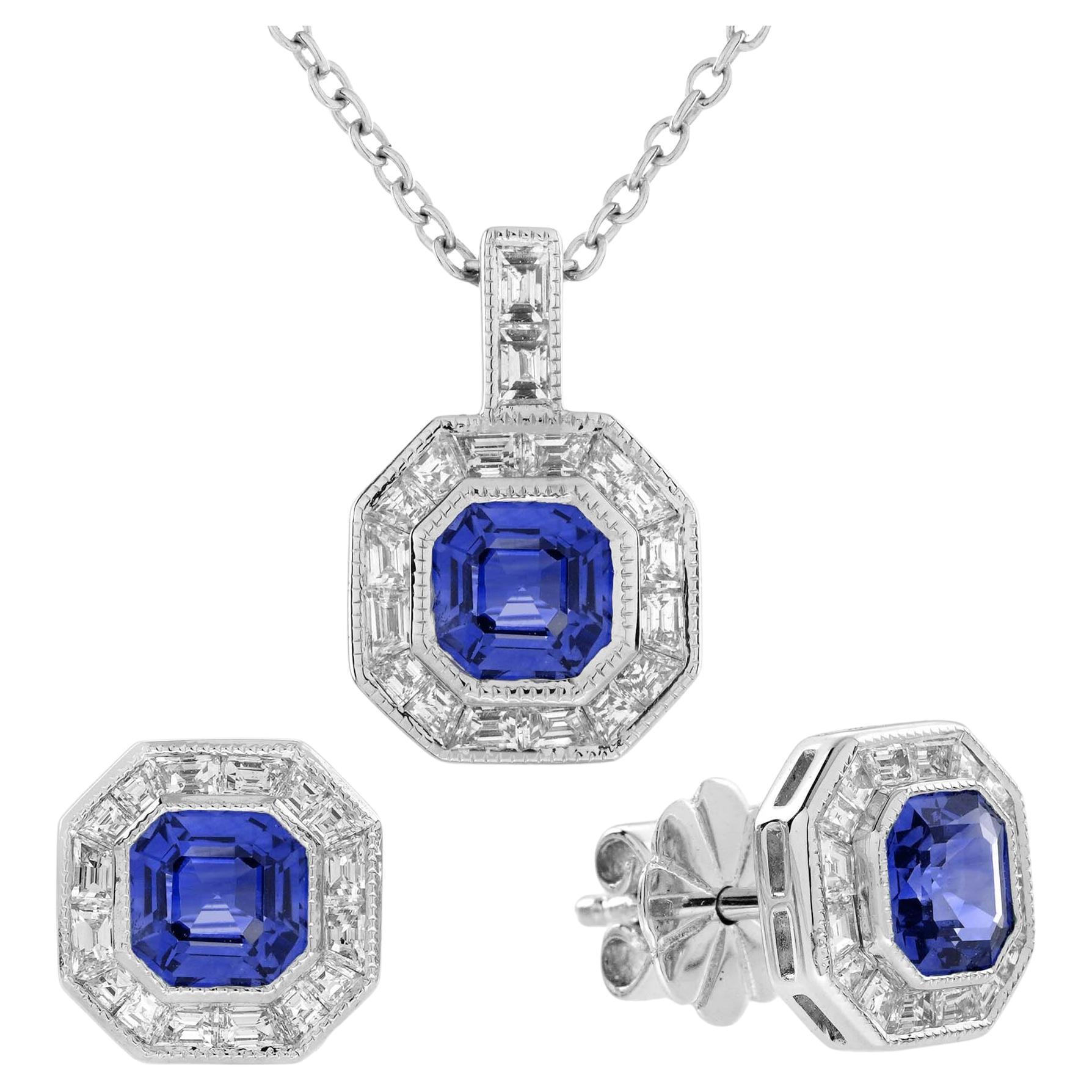 Blue Sapphire Diamond Art Deco Style Necklace Earrings Jewelry Set in 18k Gold For Sale