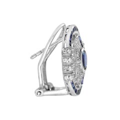 Blue Sapphire & Diamond Art Deco Style Omega 14K White Gold Earrings