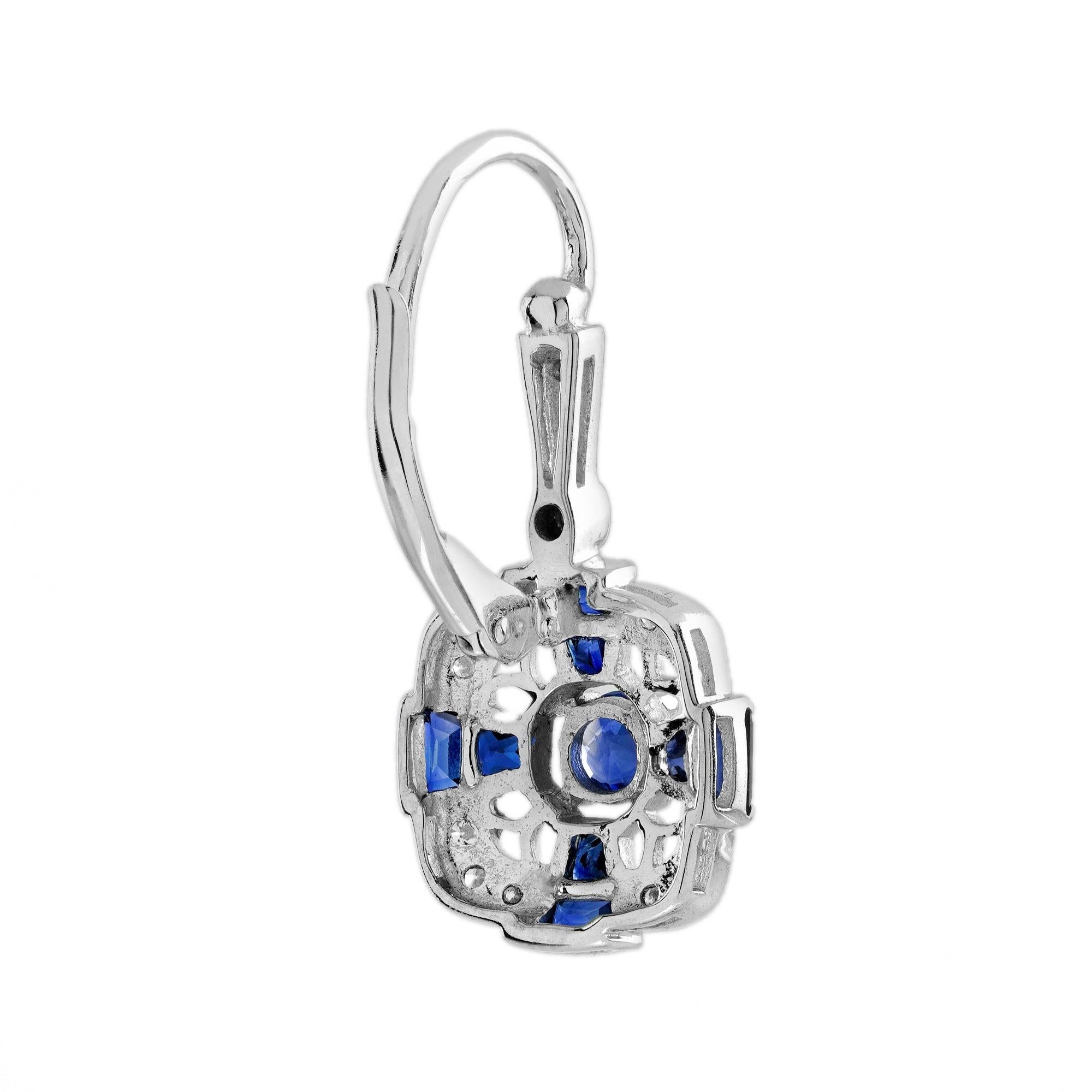 Blauer Saphir & Diamant Art Deco Stil Omega Weißgold Ohrringe (Art déco) im Angebot