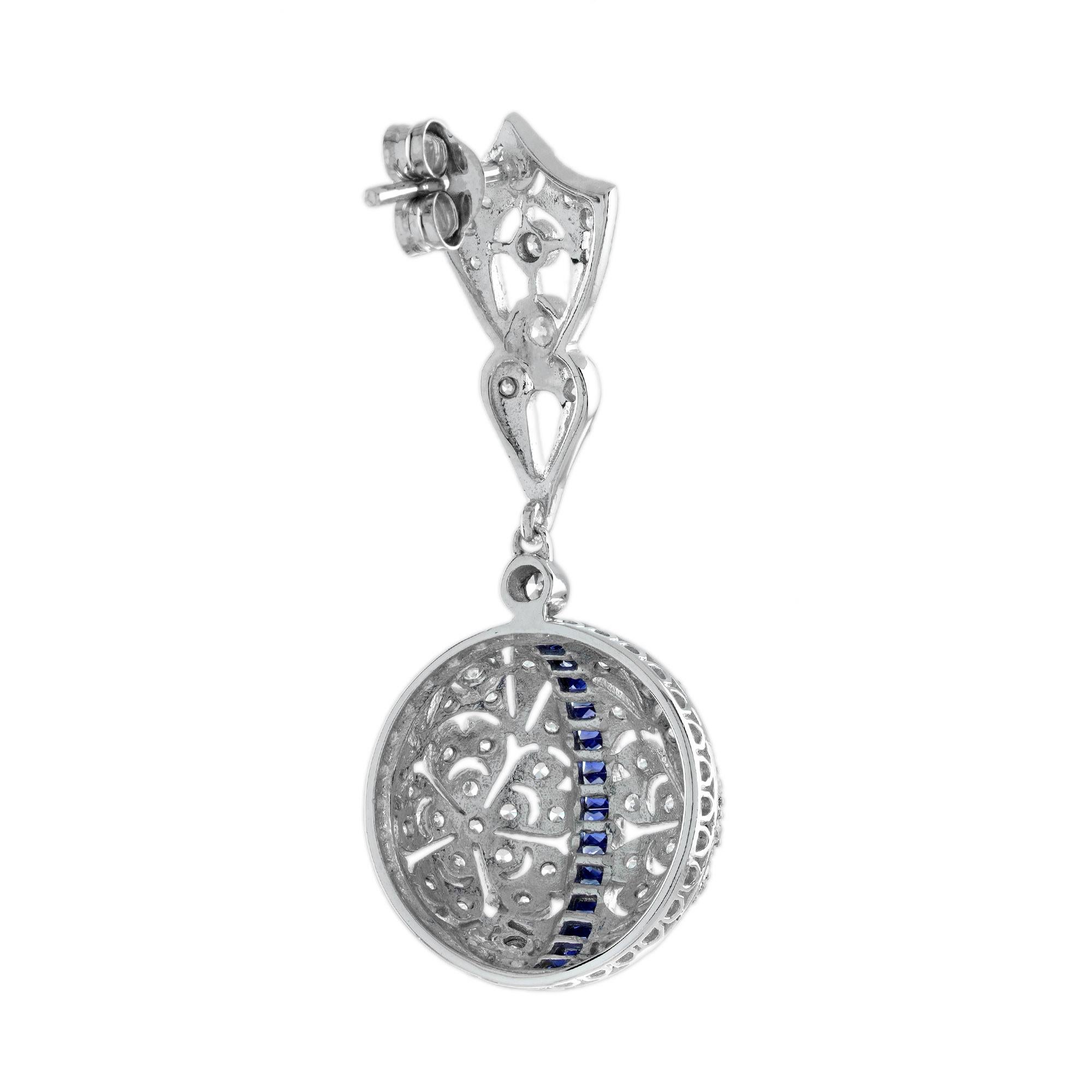 Offene Ohrhänger aus 14 Karat Weißgold mit blauem Saphir und Diamant im Art-déco-Stil (Französischer Schliff) im Angebot