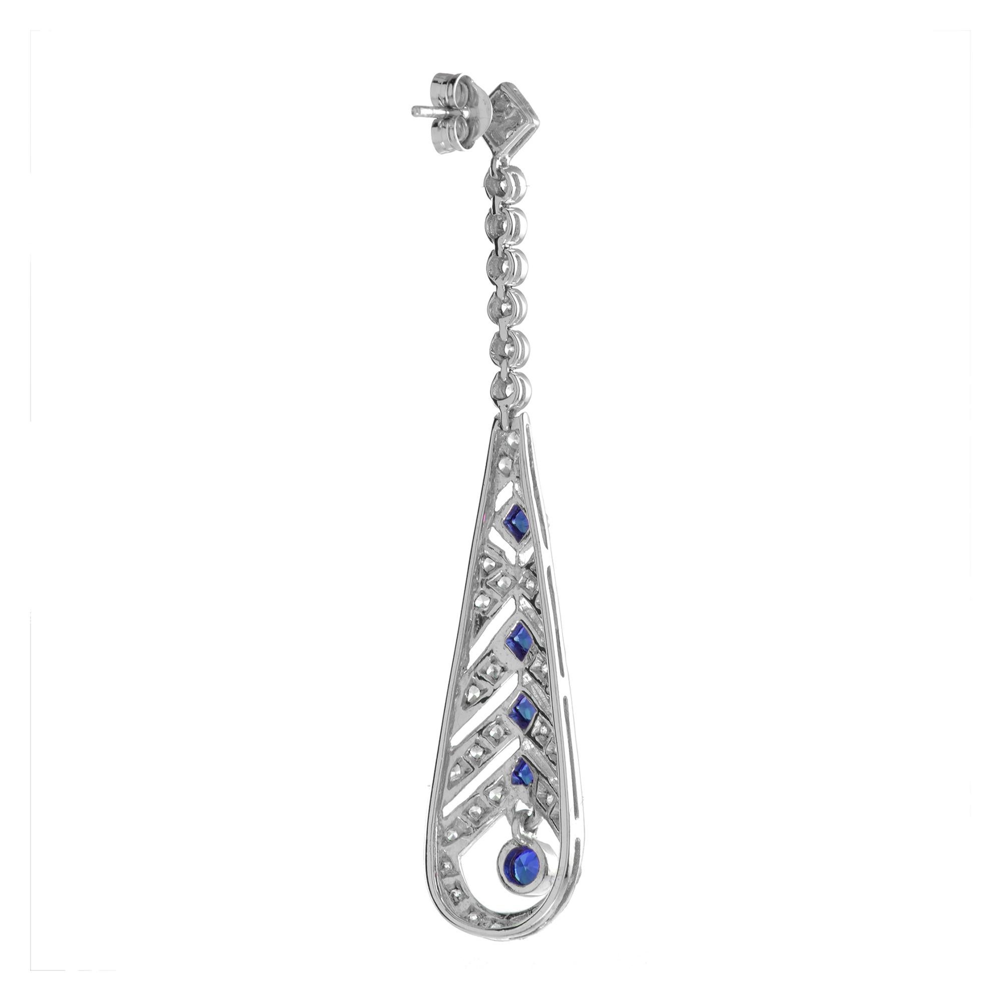 Mixed Cut Blue Sapphire & Diamond Art Deco Style Openwork Dangle White Gold Earrings For Sale