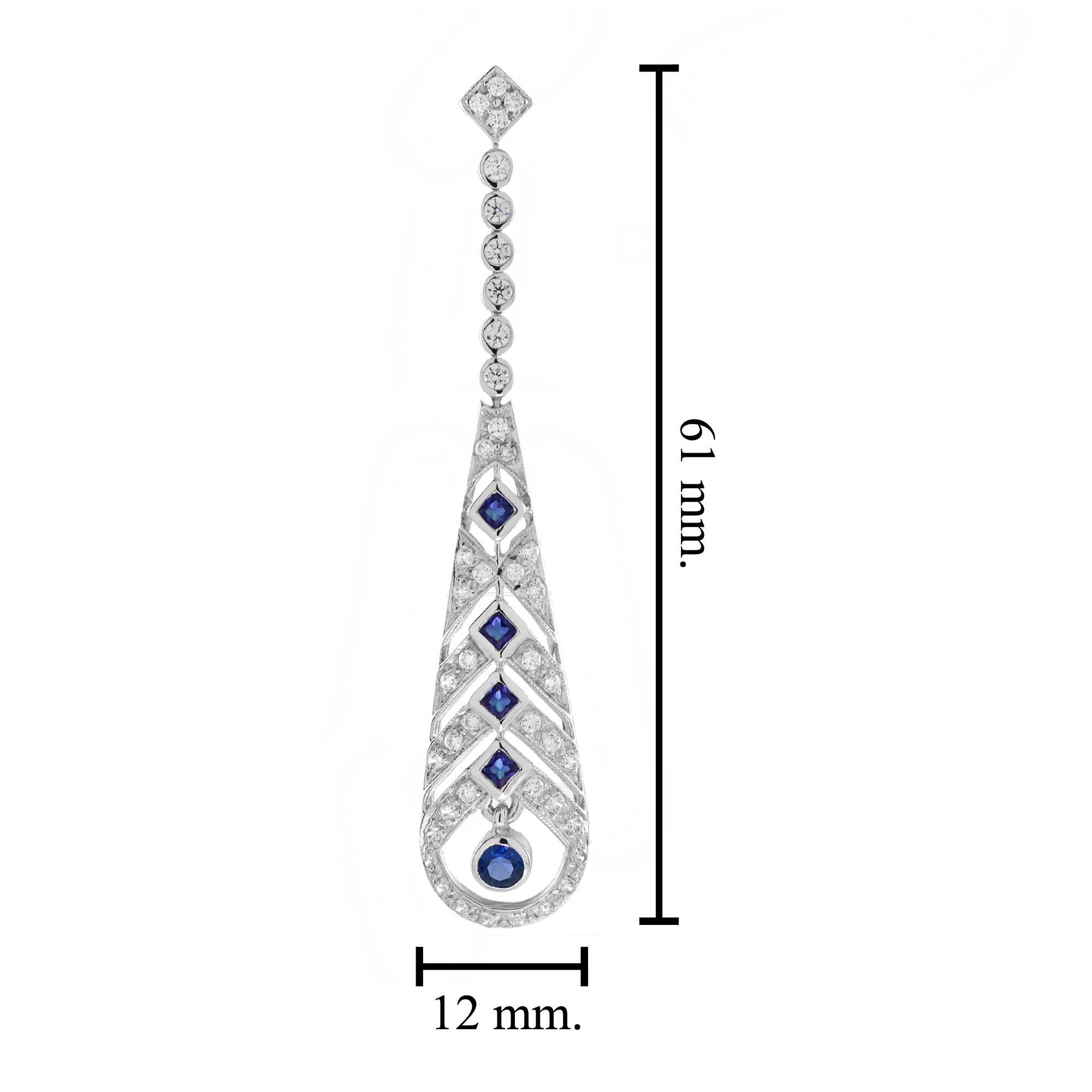 Blue Sapphire & Diamond Art Deco Style Openwork Dangle White Gold Earrings In New Condition For Sale In Oakton, VA
