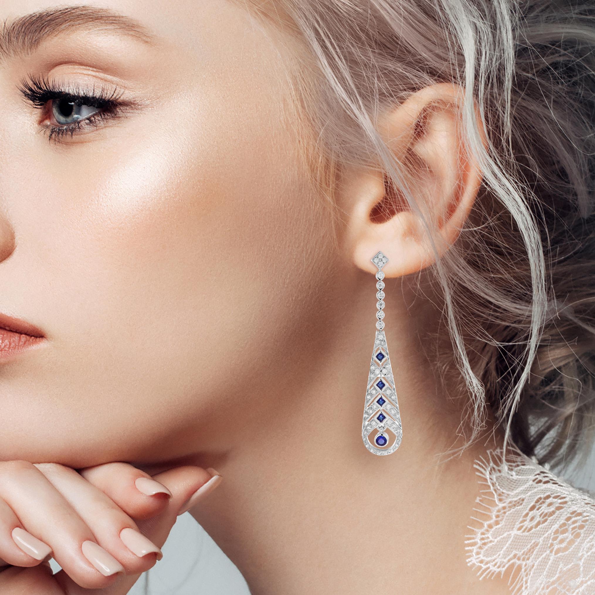 Women's Blue Sapphire & Diamond Art Deco Style Openwork Dangle White Gold Earrings For Sale