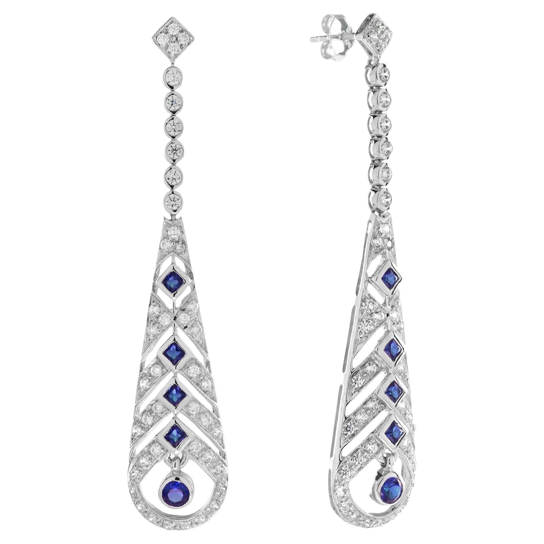 Blue Sapphire & Diamond Art Deco Style Openwork Dangle White Gold Earrings