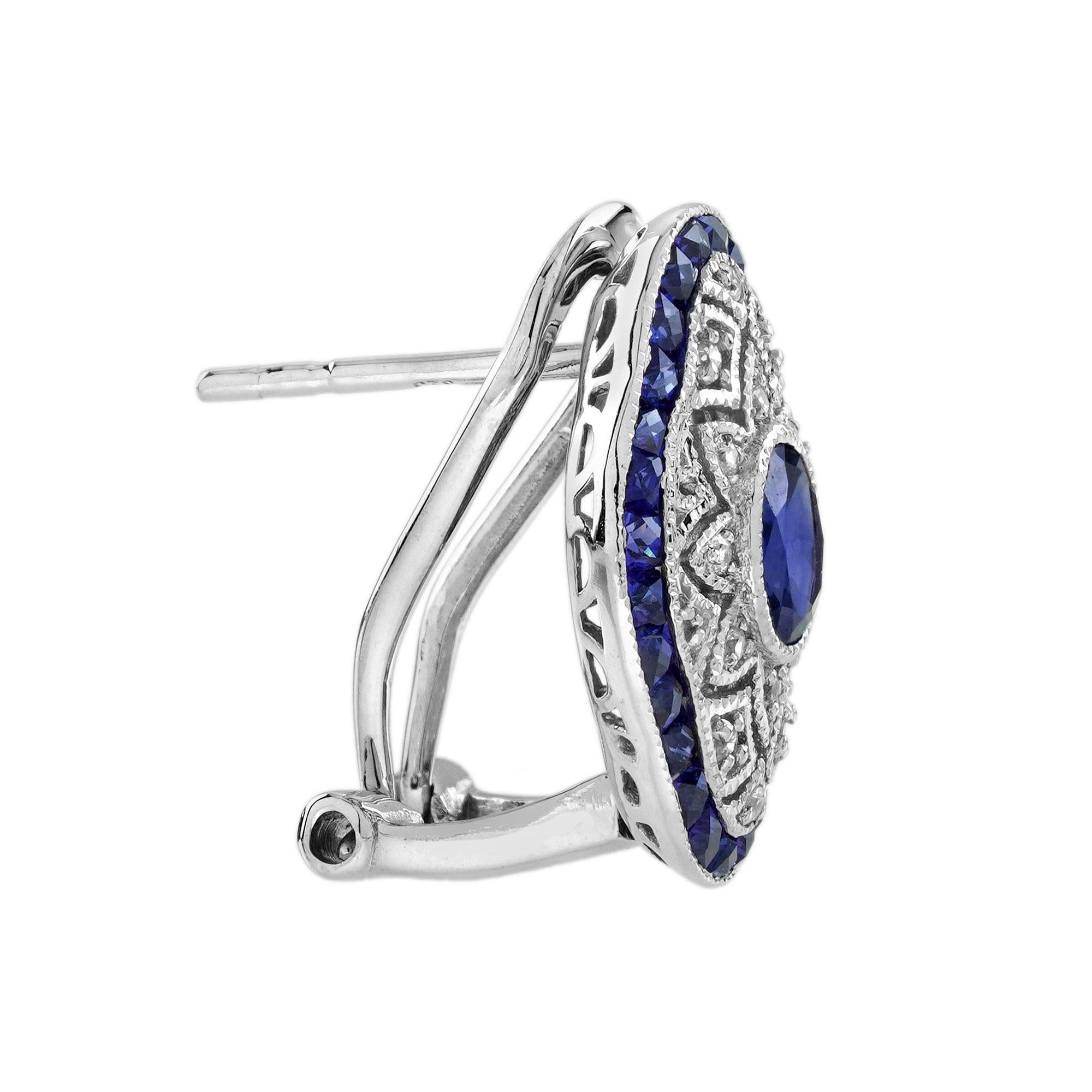 Oval Cut Blue Sapphire Diamond Art Deco Style Openwork Earrings in 18K White Gold For Sale