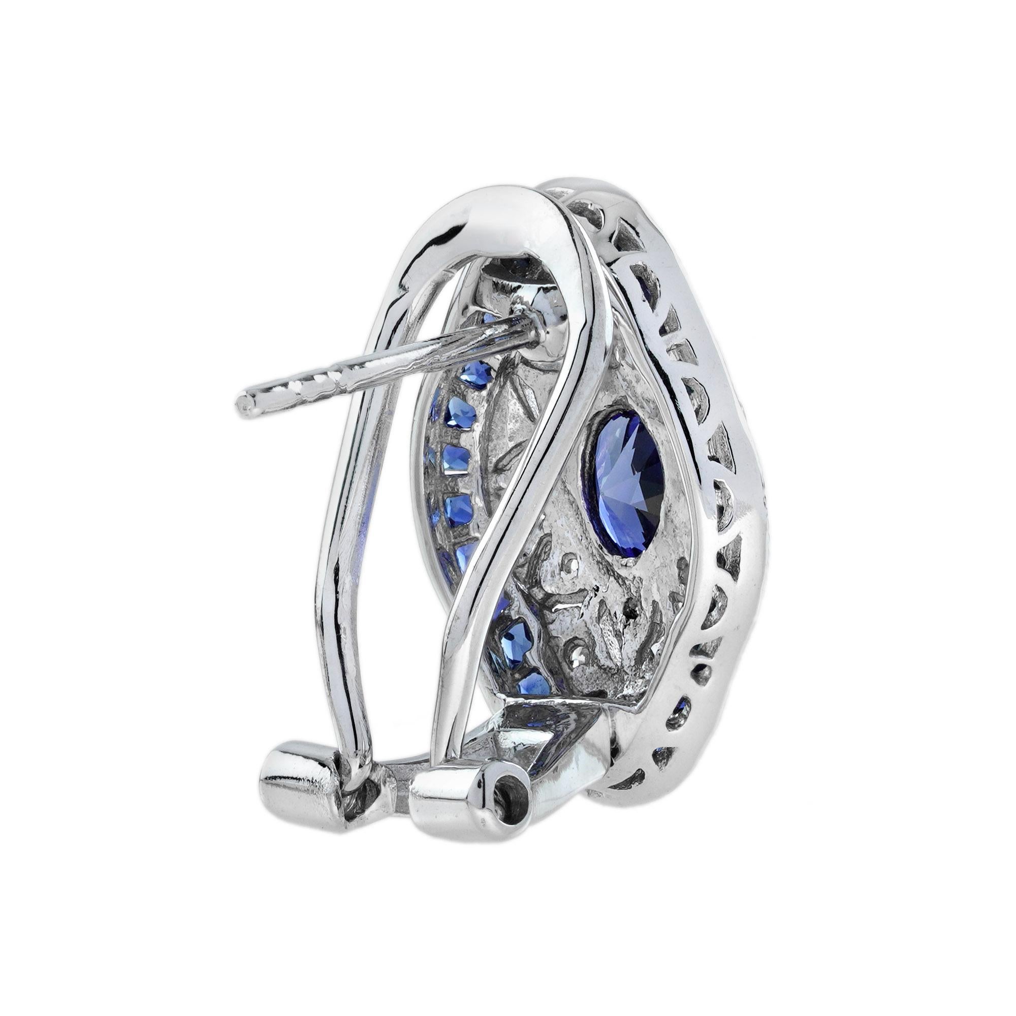 Blue Sapphire Diamond Art Deco Style Openwork Earrings in 18K White Gold In New Condition For Sale In Bangkok, TH