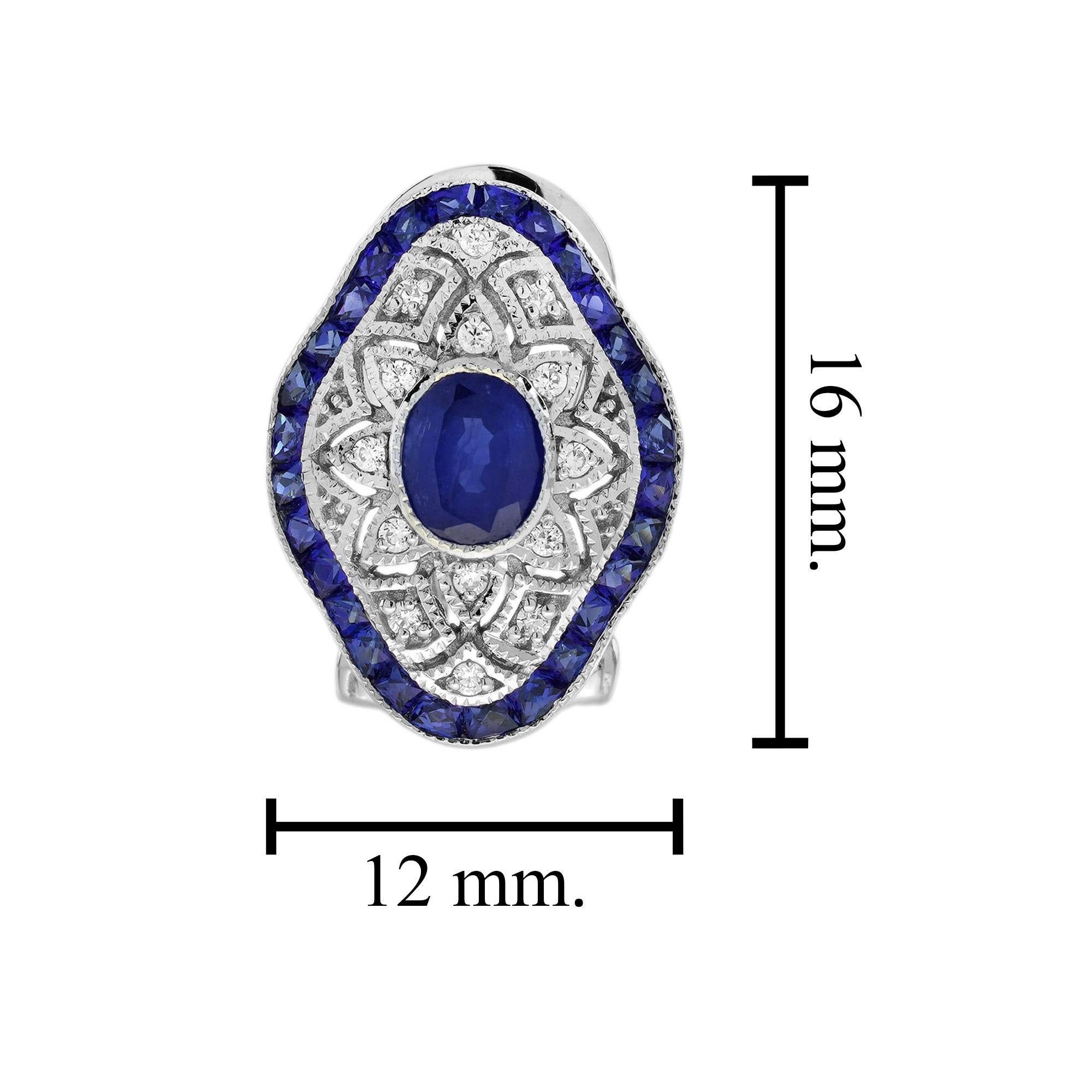 Women's Blue Sapphire Diamond Art Deco Style Openwork Earrings in 18K White Gold For Sale