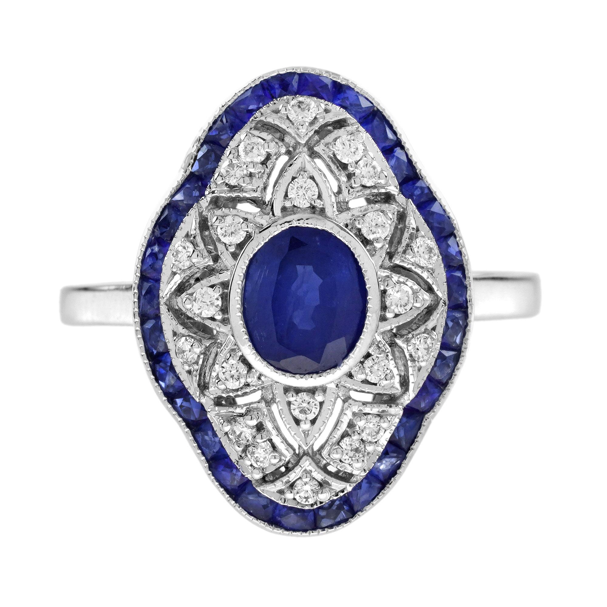 Zaffiro blu e diamante in stile Art Déco, set di gioielli traforati in oro bianco 18 carati in vendita 3