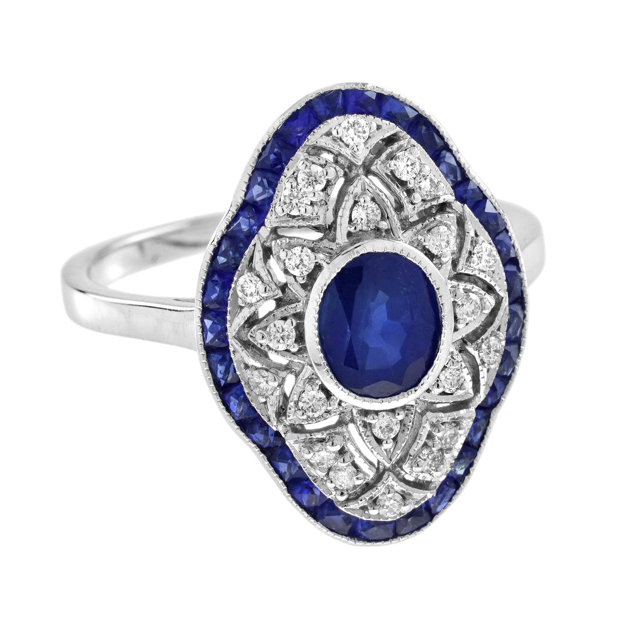 Zaffiro blu e diamante in stile Art Déco, set di gioielli traforati in oro bianco 18 carati in vendita 4