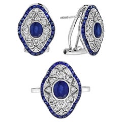 Blue Sapphire Diamond Art Deco Style Openwork Jewelry Set in 18K White Gold
