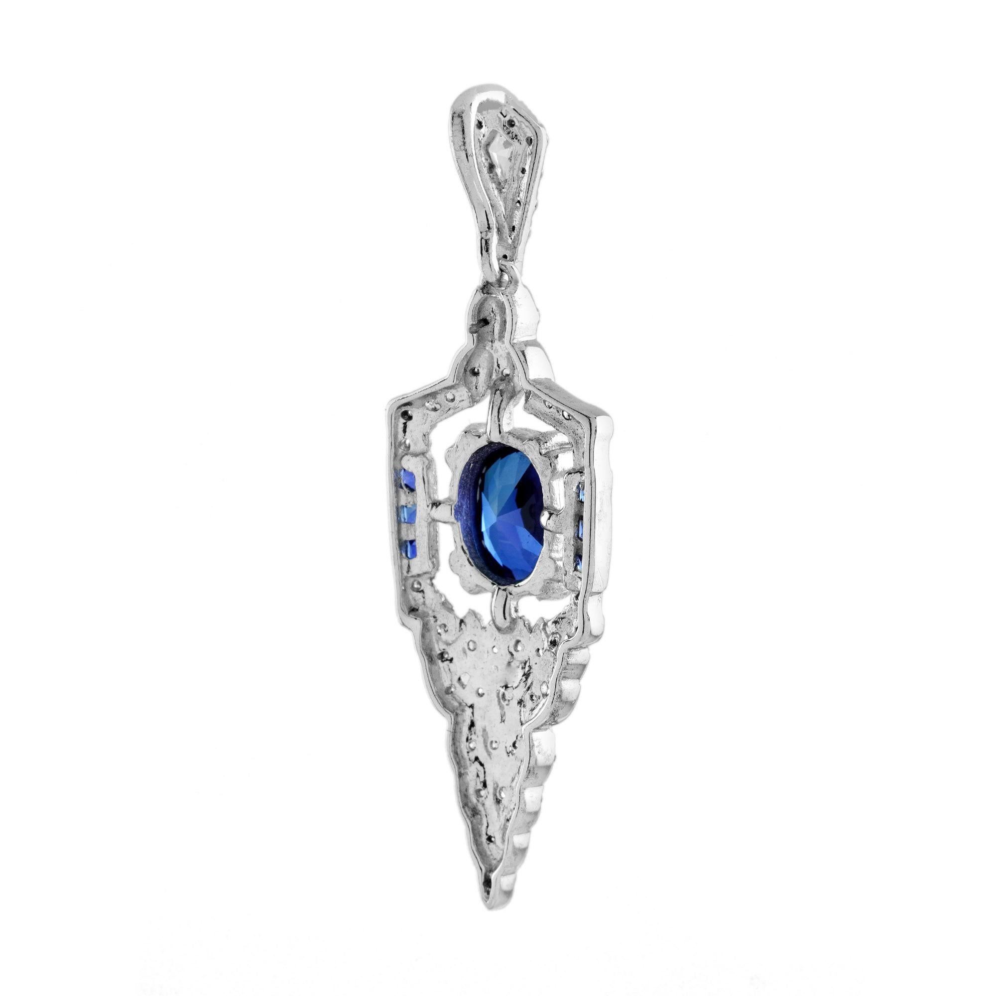 Blue Sapphire Diamond Art Deco Style Pendant in 18K White Gold In New Condition For Sale In Bangkok, TH