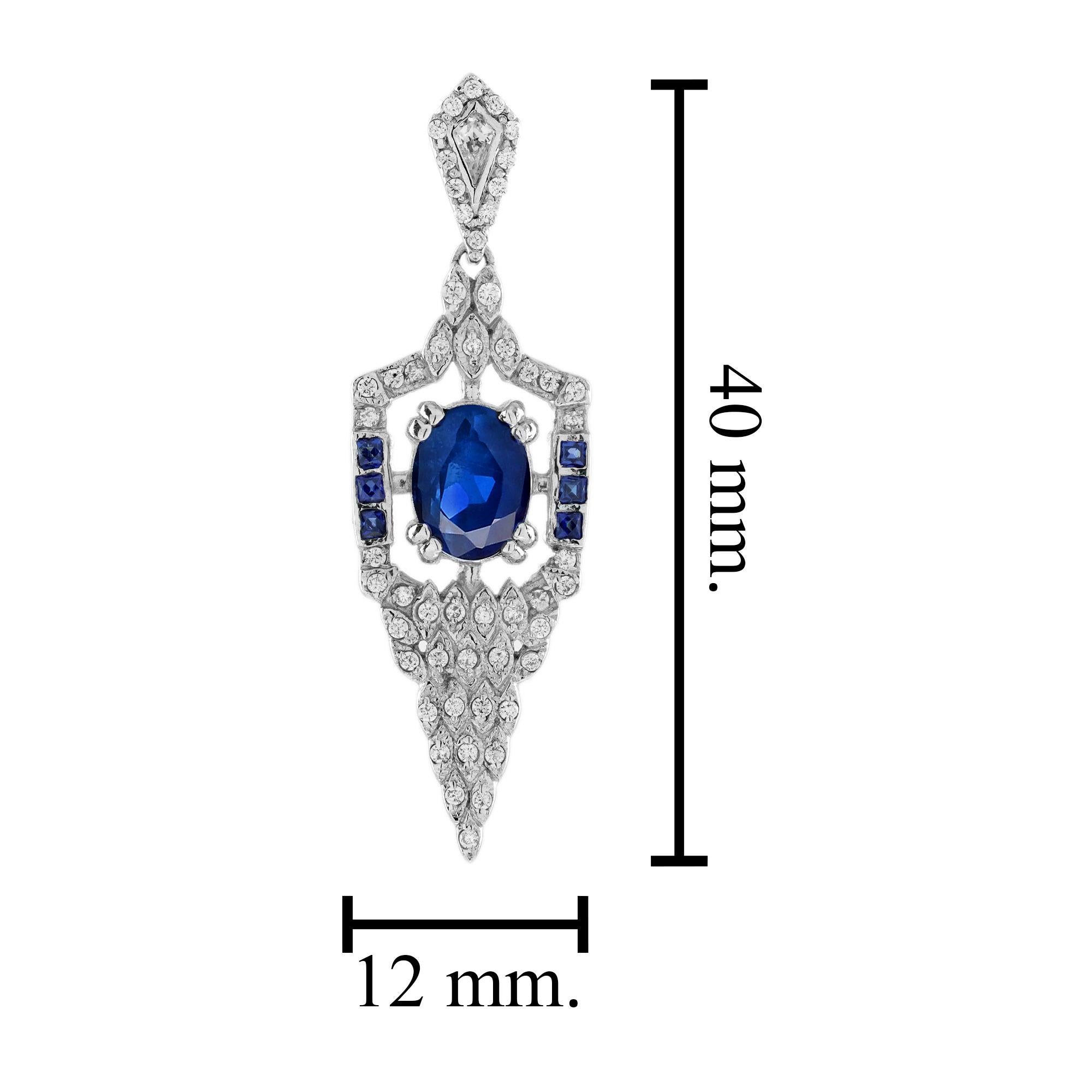 Women's Blue Sapphire Diamond Art Deco Style Pendant in 18K White Gold For Sale