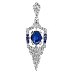 Blue Sapphire Diamond Art Deco Style Pendant in 18K White Gold