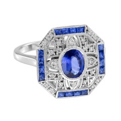 Blue Sapphire & Diamond Art Deco Style Ring Earrings White Gold Jewelry Set