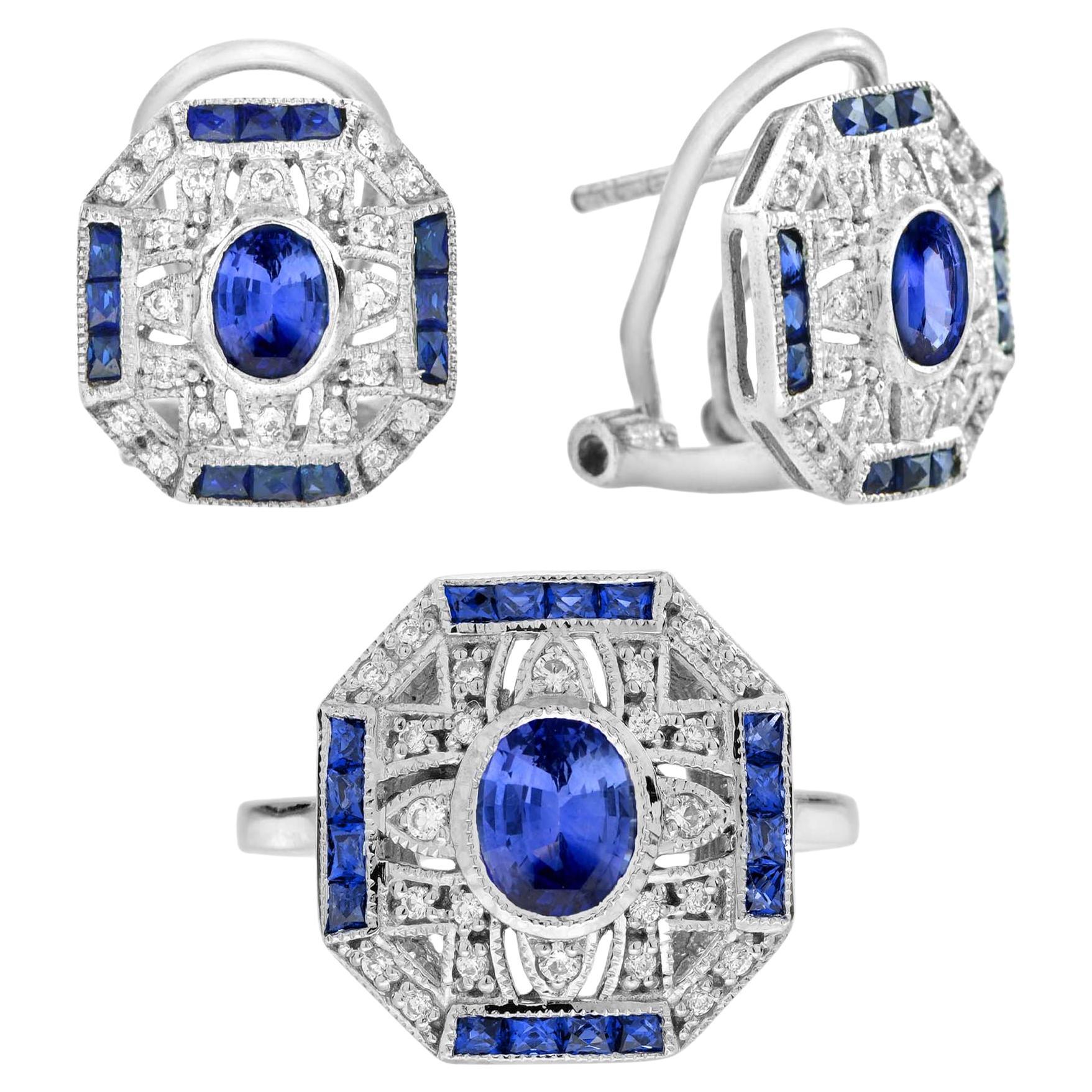 Zafiro Azul y Diamante Anillo Pendientes Estilo Art Decó Juego de Joyas de Oro Blanco