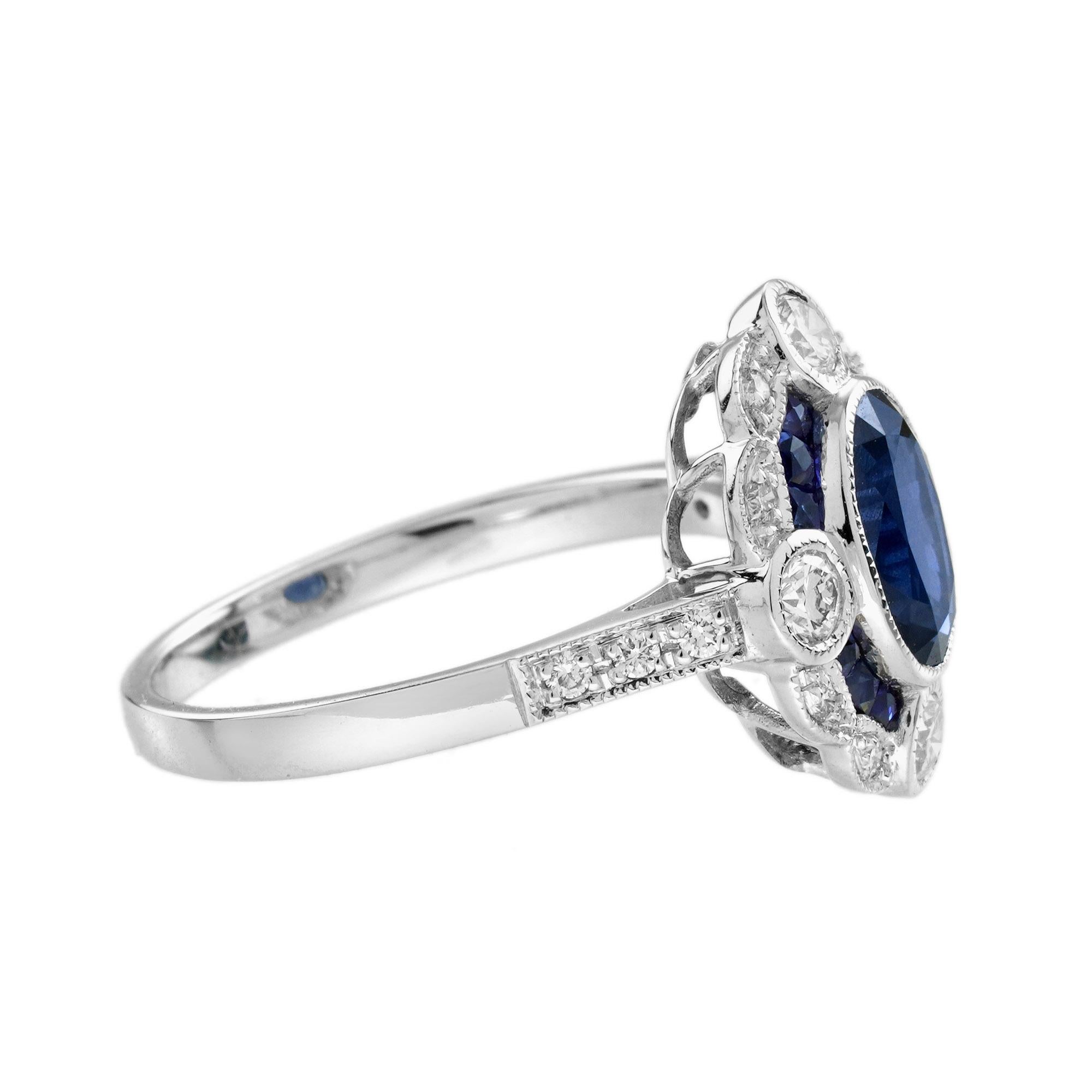 Taille ovale Bague de fiançailles Target en or blanc 18 carats, saphir bleu et diamant de style Art déco en vente
