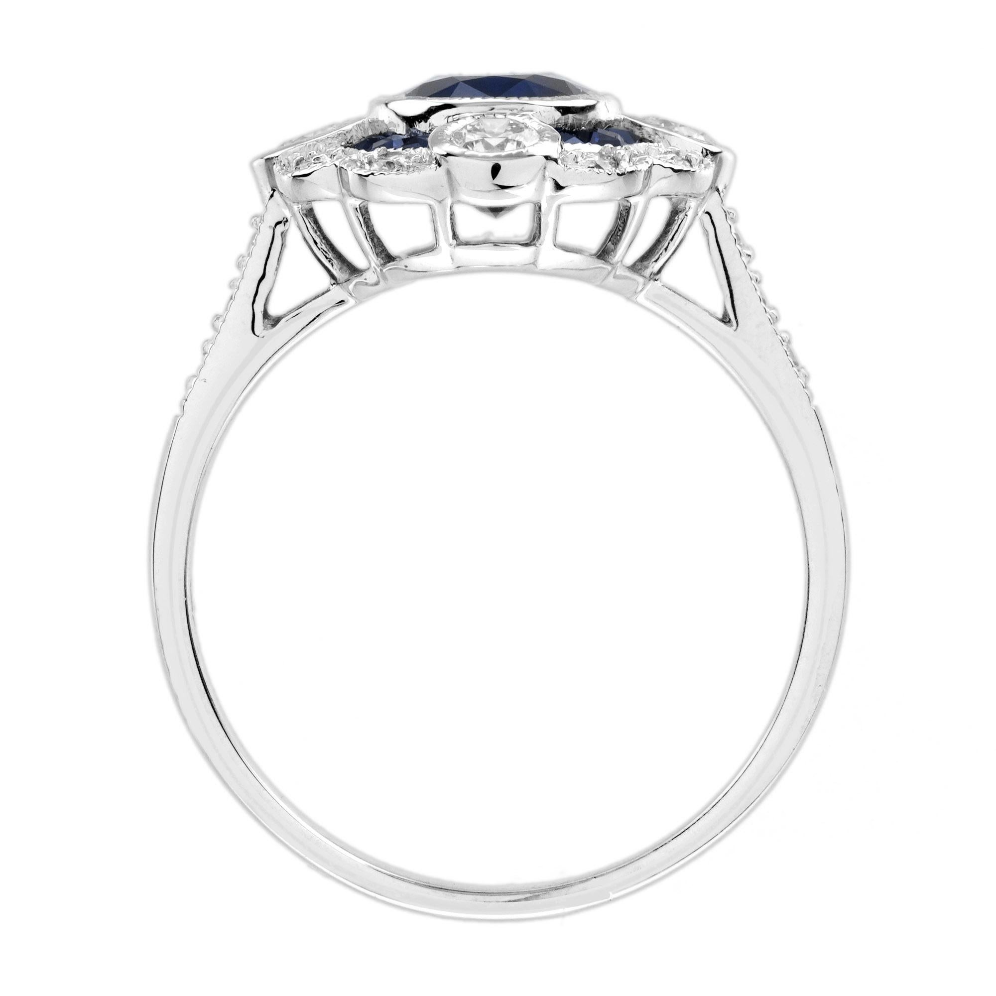 Bague de fiançailles Target en or blanc 18 carats, saphir bleu et diamant de style Art déco Pour femmes en vente