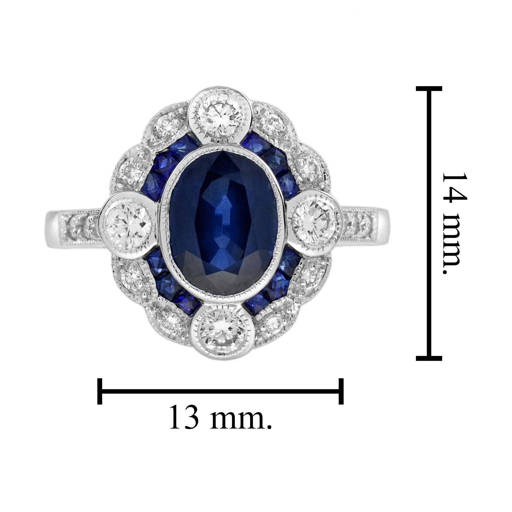 Bague de fiançailles Target en or blanc 18 carats, saphir bleu et diamant de style Art déco en vente 1