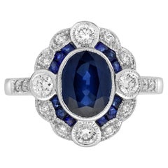 Bague de fiançailles Target en or blanc 18 carats, saphir bleu et diamant de style Art déco