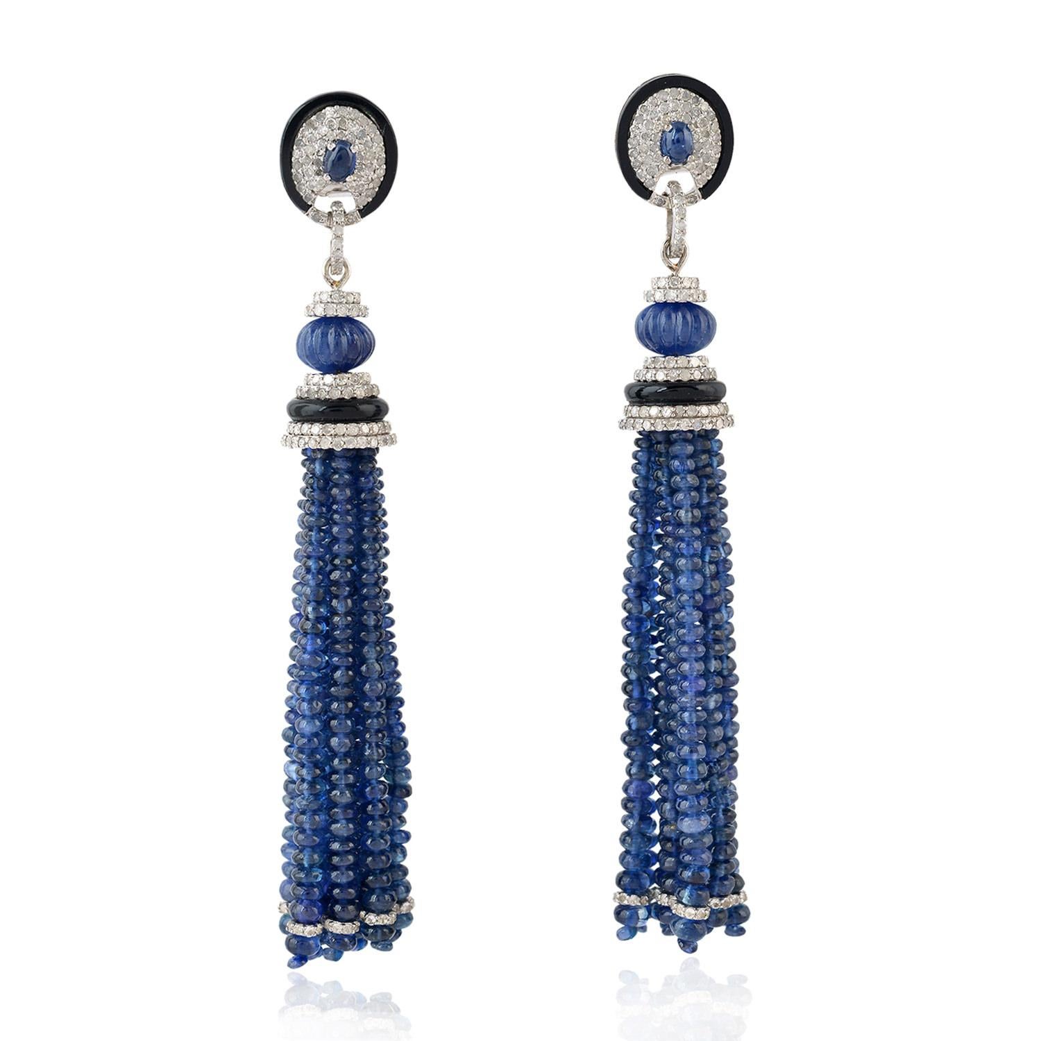 Bead Blue Sapphire Diamond Art Deco Style Tassel Earrings For Sale