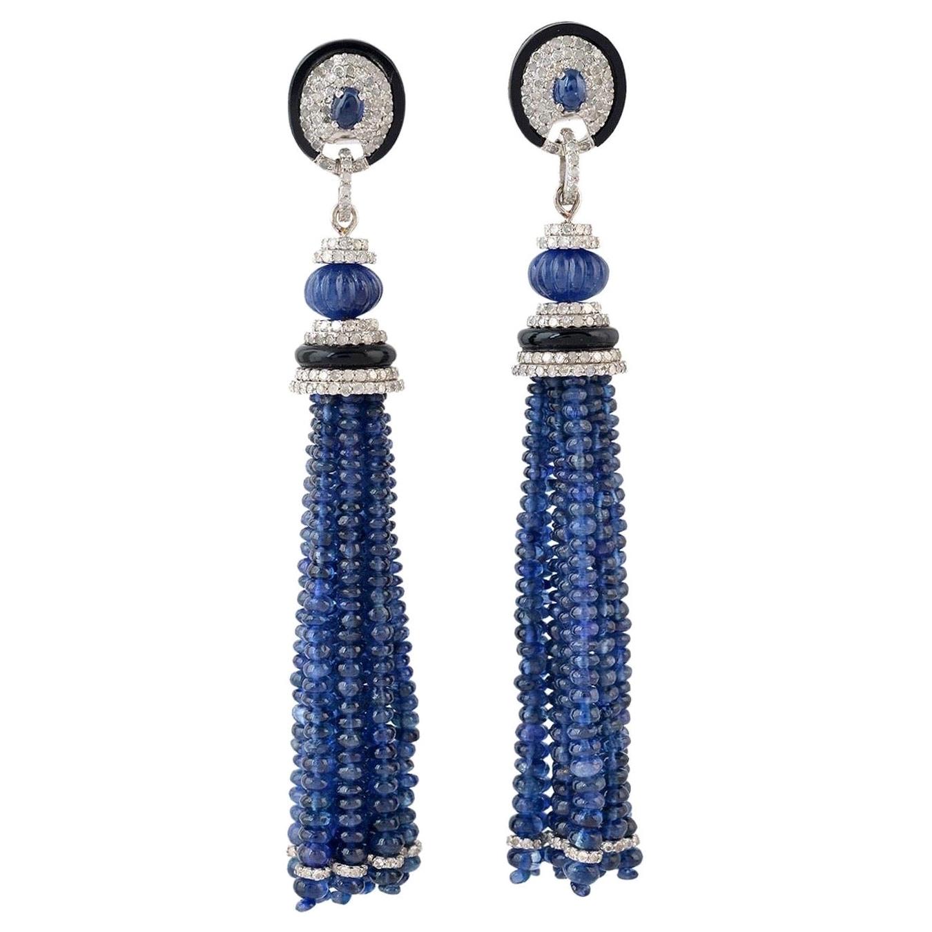 Blue Sapphire Diamond Art Deco Style Tassel Earrings