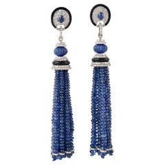 Boucles d'oreilles à pampilles de style Art déco en saphir bleu et diamant