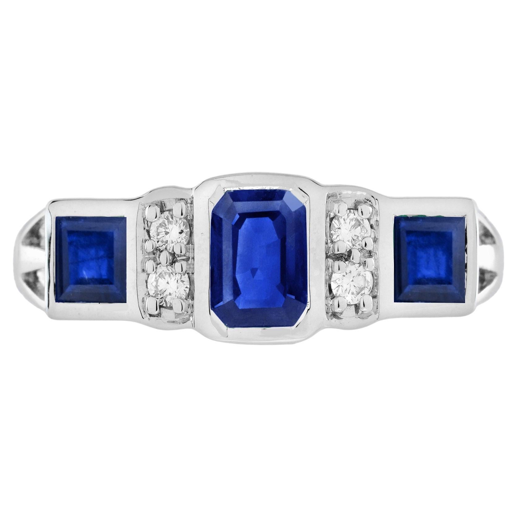 Blauer Saphir & Diamant Art Deco Stil Drei Stein Weißgold Ring im Angebot
