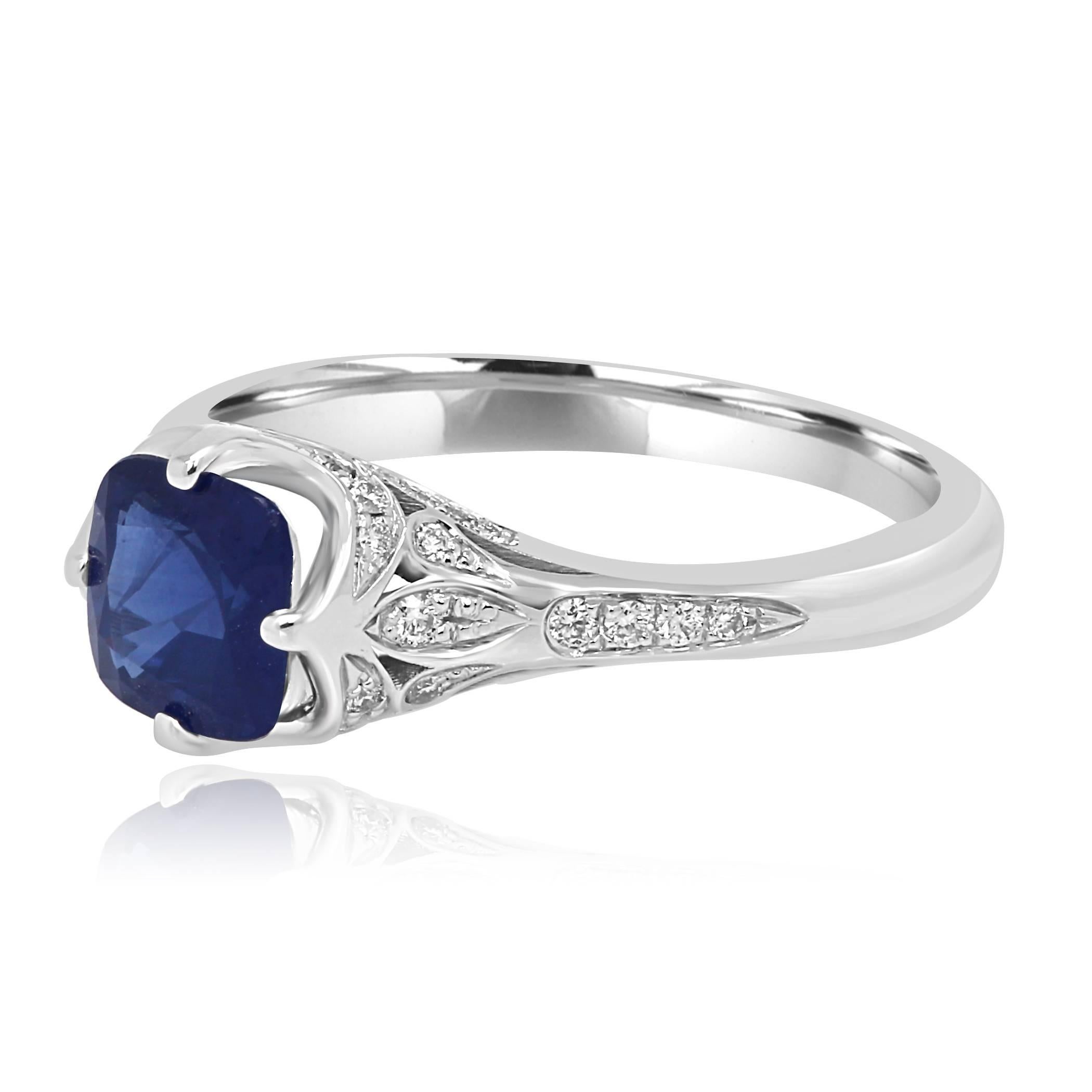 Gorgeous Blue Sapphire Cushion 1.20 Carat White Diamond 0.22 Carat in 14K White Gold Bridal Art Deco Style Ring.

Style available in different price ranges. Prices are based on your selection of 4C's Cut, Color, Carat, Clarity. Please contact us for