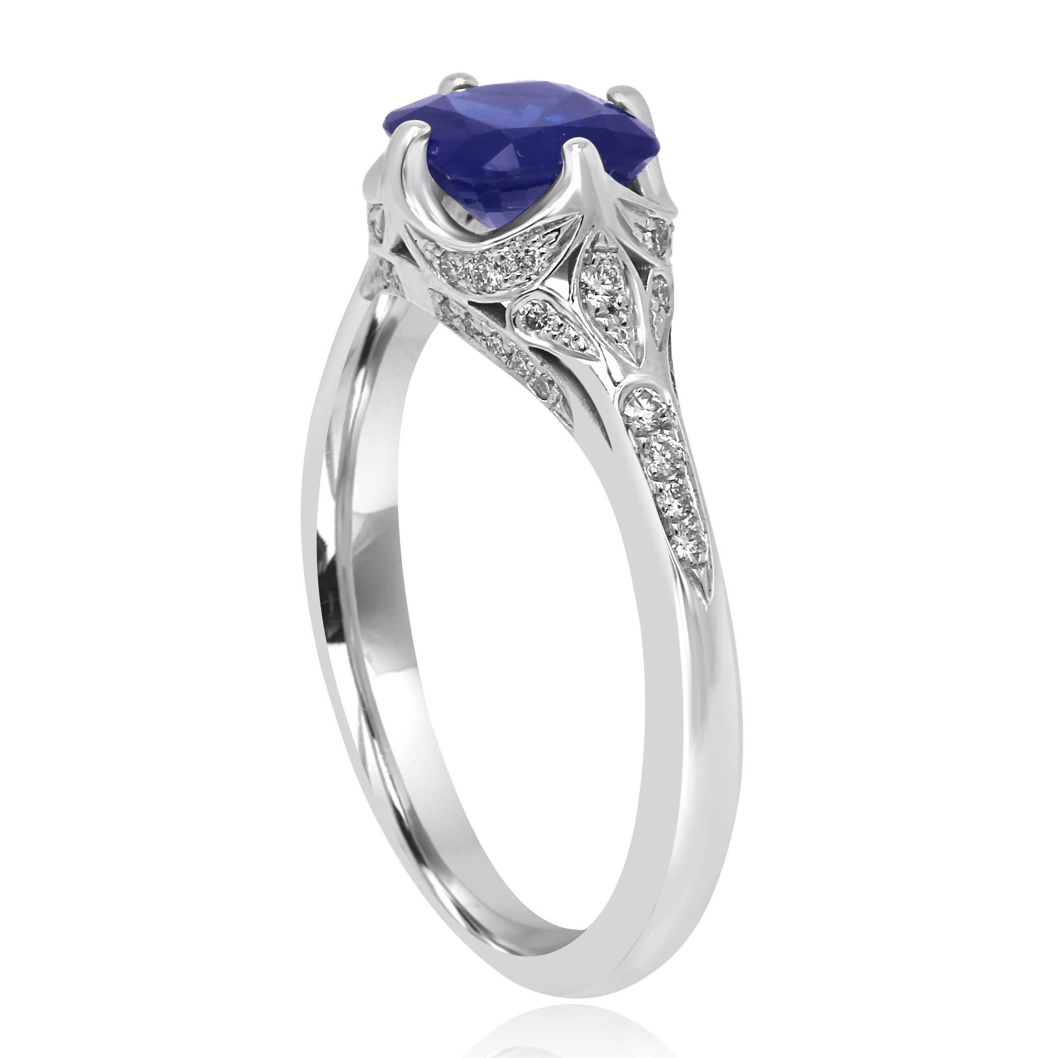 Cushion Cut Blue Sapphire Cushion White Diamond Gold Bridal Engagement Art Deco Style Ring