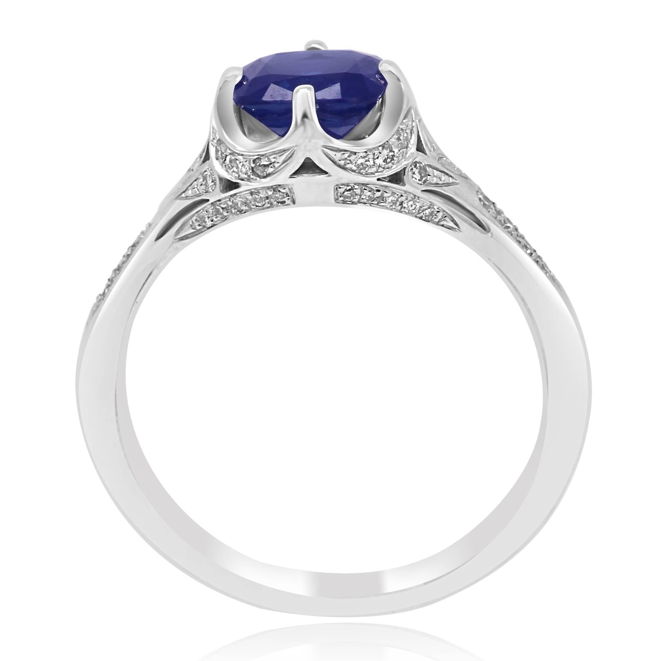 Blue Sapphire Cushion White Diamond Gold Bridal Engagement Art Deco Style Ring In New Condition In NEW YORK, NY