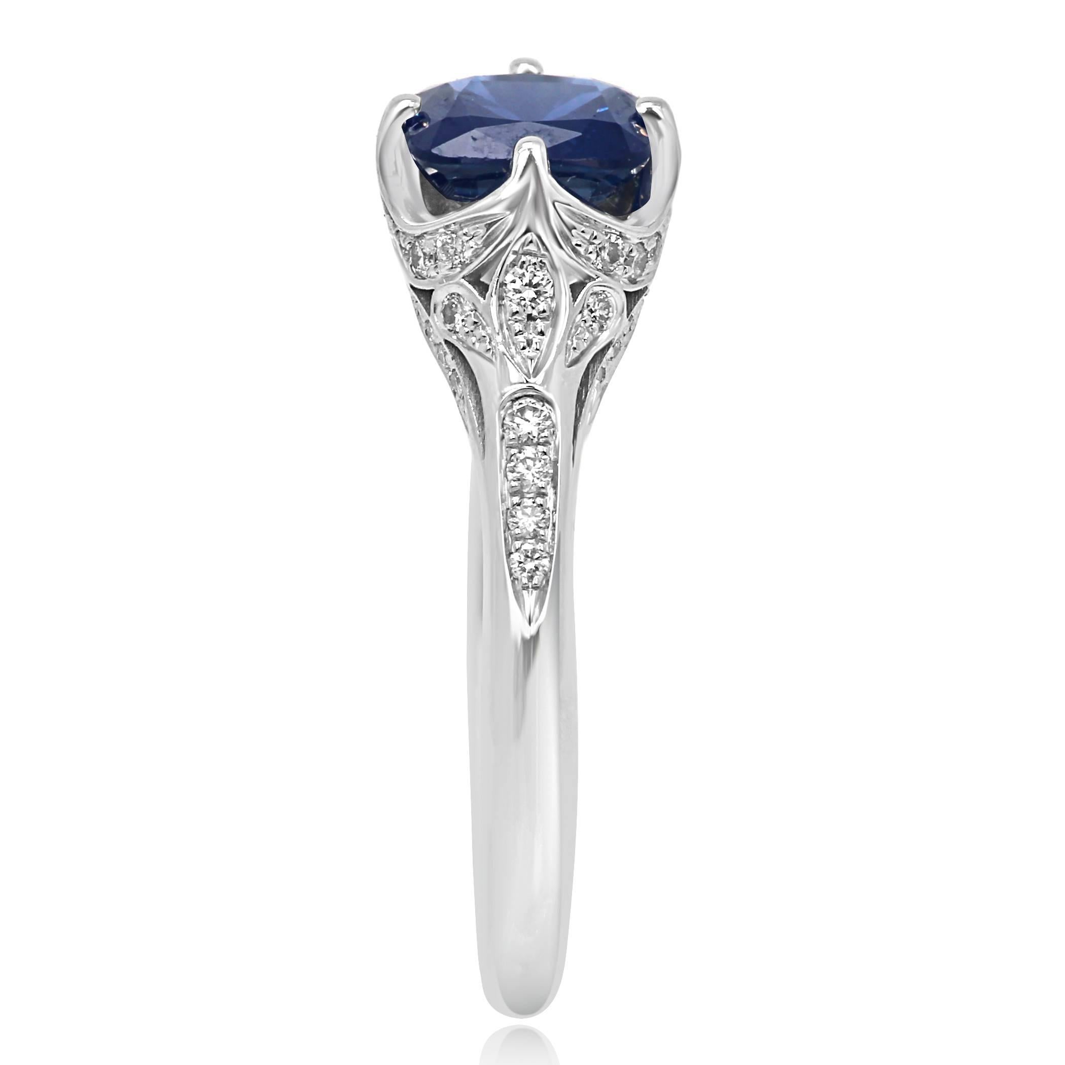 Women's Blue Sapphire Cushion White Diamond Gold Bridal Engagement Art Deco Style Ring
