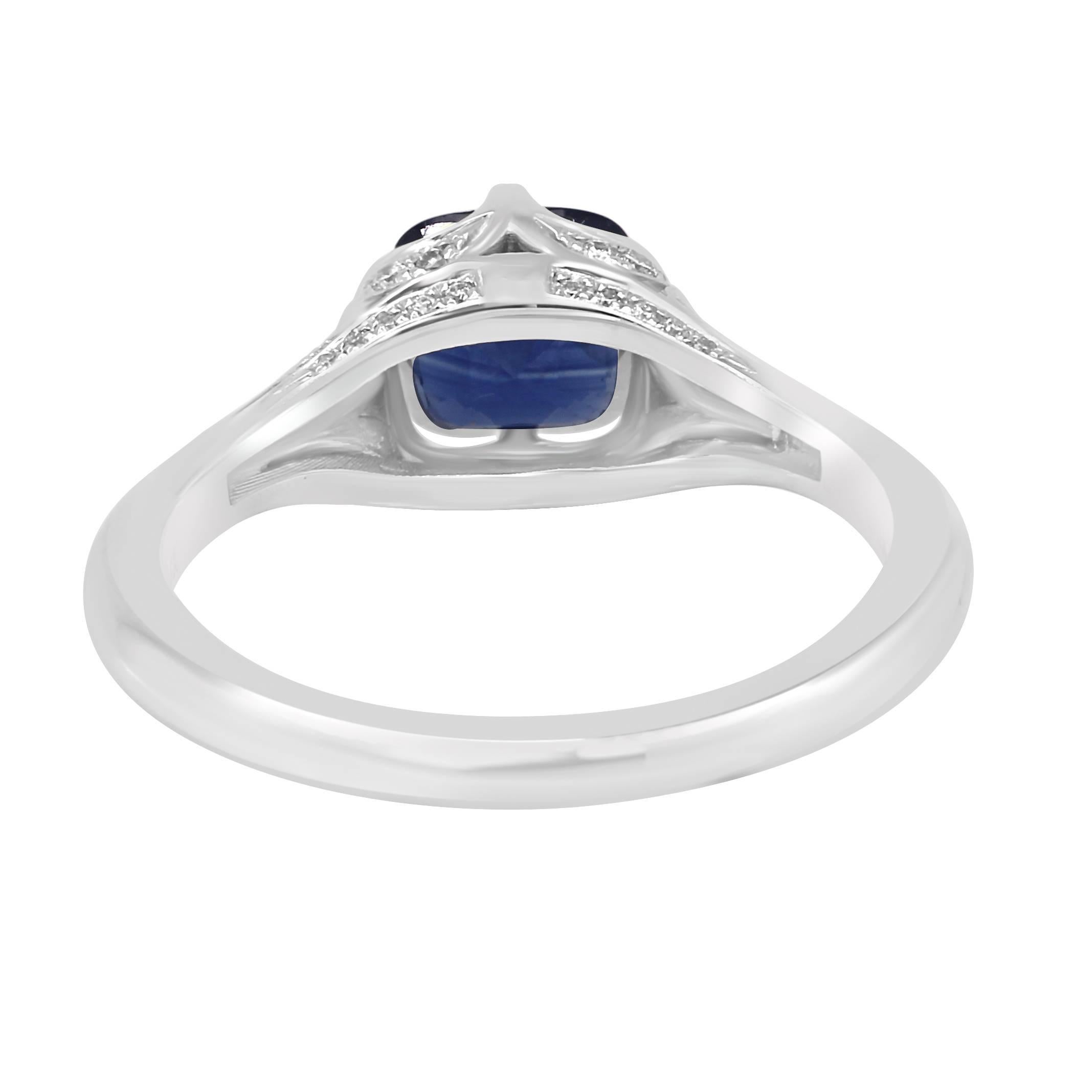 Blue Sapphire Cushion White Diamond Gold Bridal Engagement Art Deco Style Ring 1